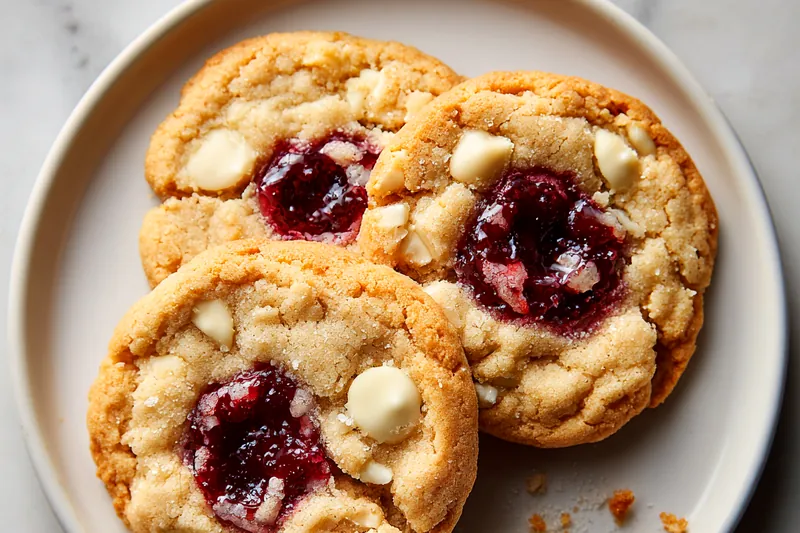 Overhead flat lay of cookie ingredients including white chocolate chips in a small bowl, dried cranberries, measuring cups with flour and sugars, softened butter cubes, eggs, and vanilla extract arranged on a marble countertop