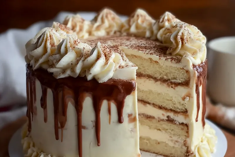 Three mocha cake layers being assembled with white chocolate buttercream, showing the professional layering technique
