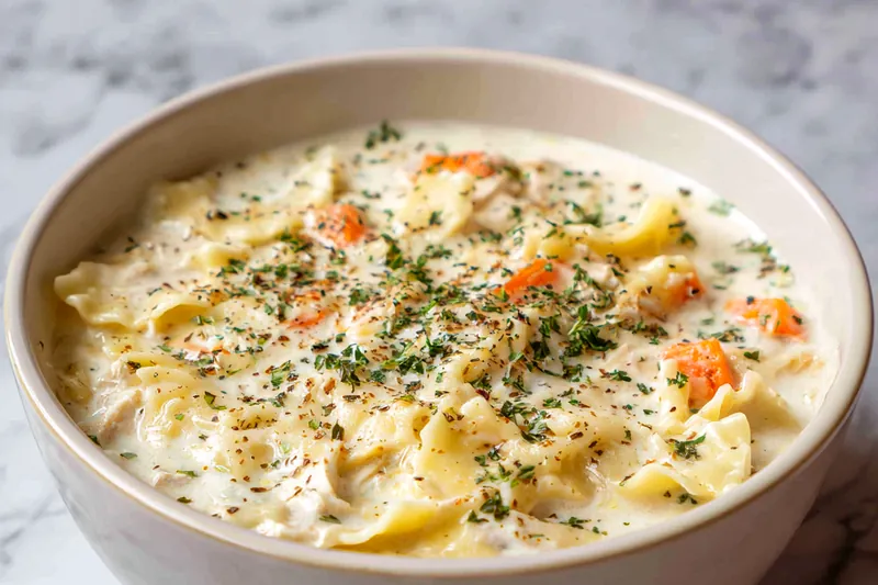 Cooking White Lasagna Soup in a pot on the stove