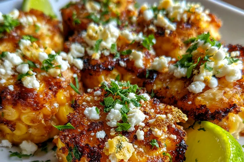 Fresh ingredients arranged on a marble counter: bright yellow corn kernels, crumbled white cotija cheese, fresh limes, red chili powder, and green cilantro